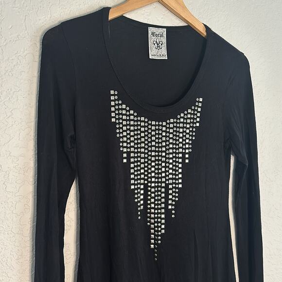 Vocal Black Tunic Silver Studs Western Cowgirl Country Goth Top Long Sleeve - Picture 2 of 6